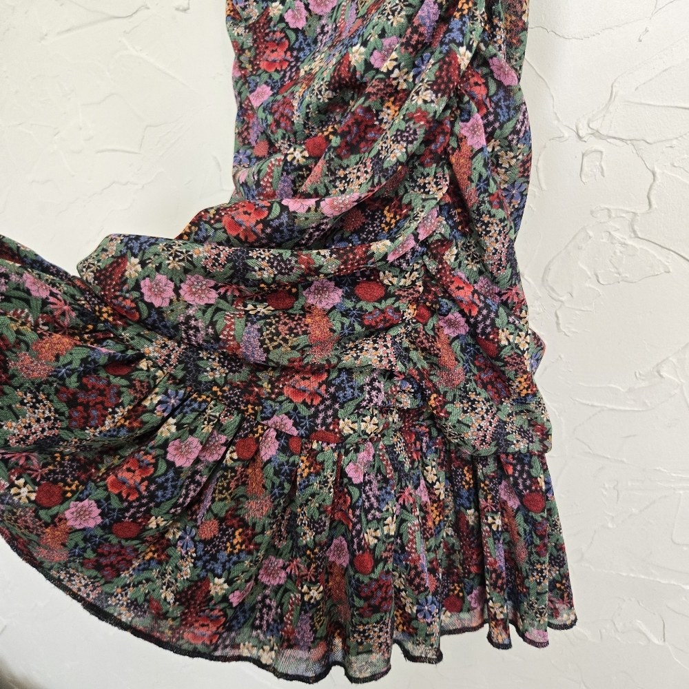 Lulu's Floral Mesh Ruched Green Pink Dress, M - Picture 8 of 14